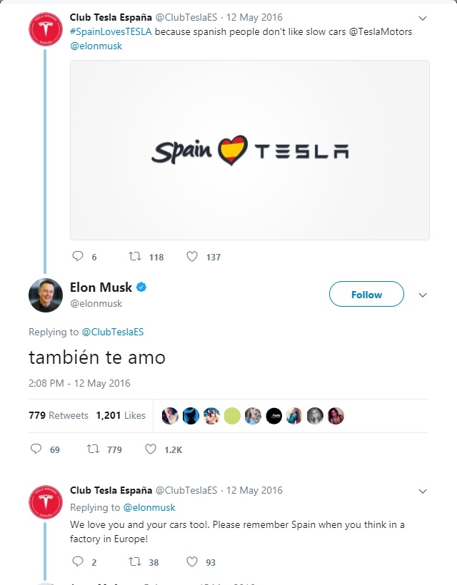 Twitter Elon Musk a Club Tesla España - Spain Loves Tesla