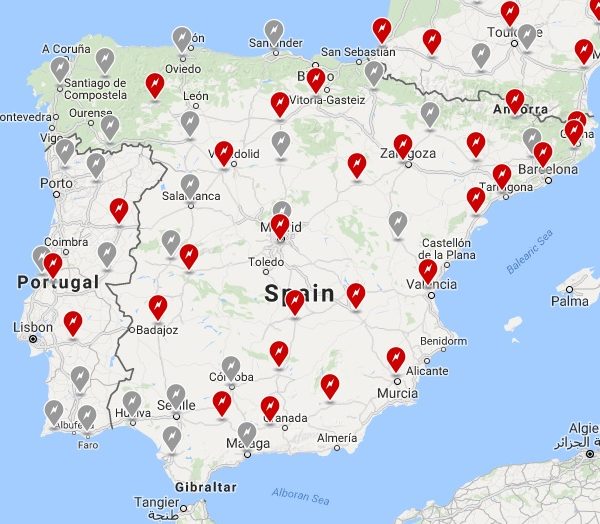 Mapa Superchargers Tesla en España. Previsión 2019. En rojo los abiertos a fecha 27 de Mayo de 2018. Errata: no figura el Supercharger del Area 175 en la A3, actualmente en obras.