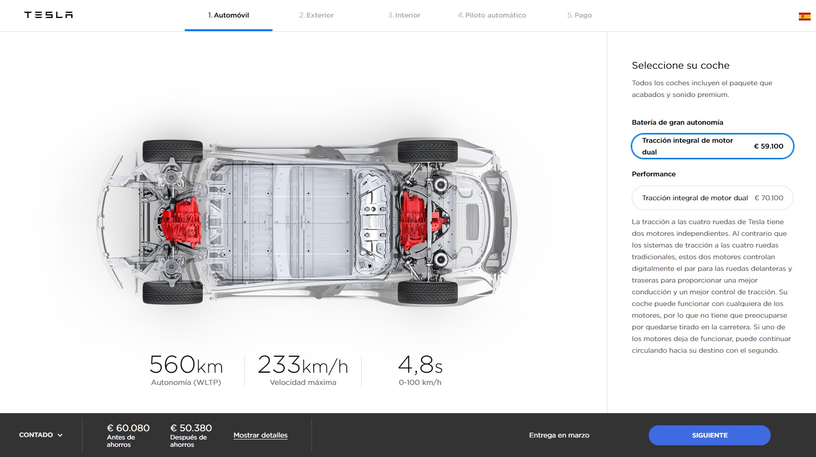 Configurador Tesla Model 3 España. Precio: 60.080 € (IVA incluido). Comprende: 59.100 € + 980 € de gastos de matriculación.