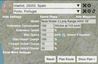 Definiendo la ruta de Madrid a Oporto en abetterrouterplanner.com