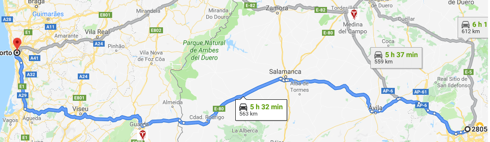 Ruta de Madrid a Oporto. Google Maps.
